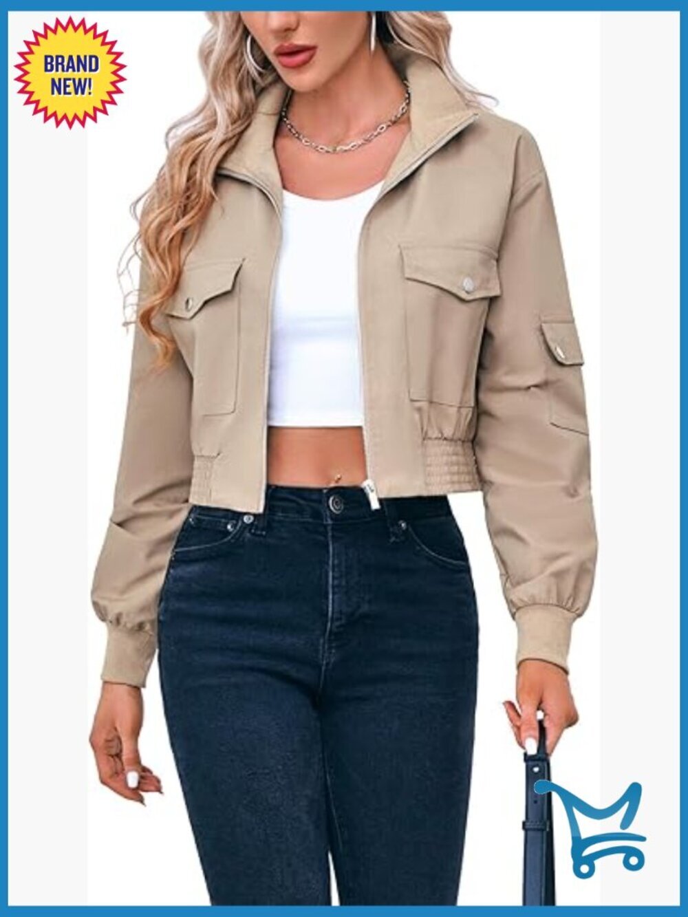 Women's Cropped Bomber Jacket Lightweight Zip Up Stand Collar Long Sleeve Short